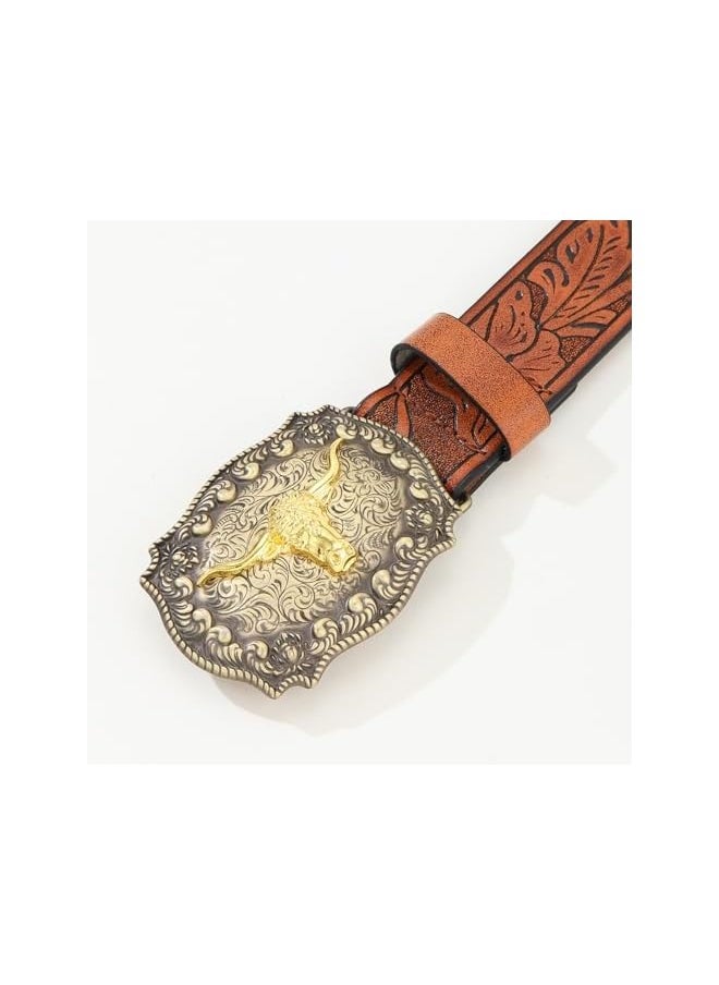 Western Leather Buckle Belts Cowboy Longhorn Bull Buckle Belt Floral Embossed Cowboy Belts for Men（47.3 Inch Long）