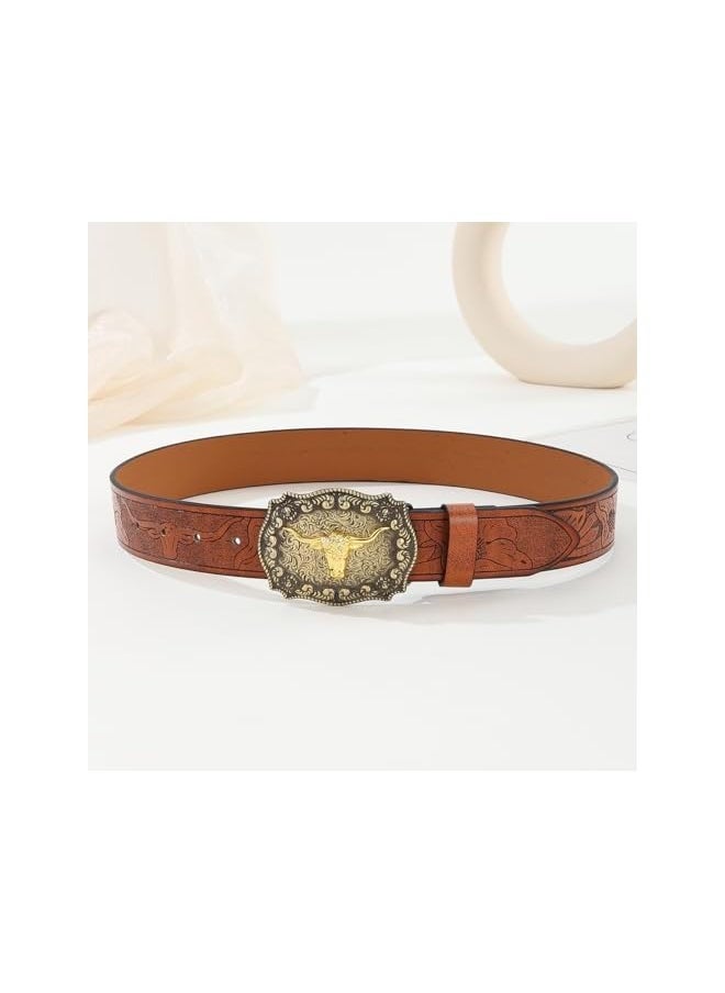 Western Leather Buckle Belts Cowboy Longhorn Bull Buckle Belt Floral Embossed Cowboy Belts for Men（47.3 Inch Long）