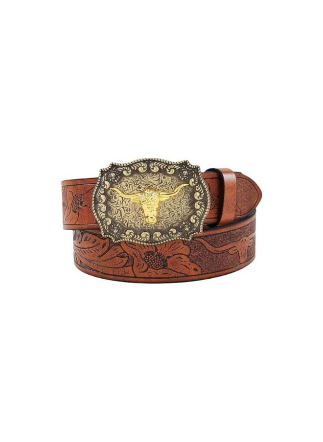 Western Leather Buckle Belts Cowboy Longhorn Bull Buckle Belt Floral Embossed Cowboy Belts for Men（47.3 Inch Long）