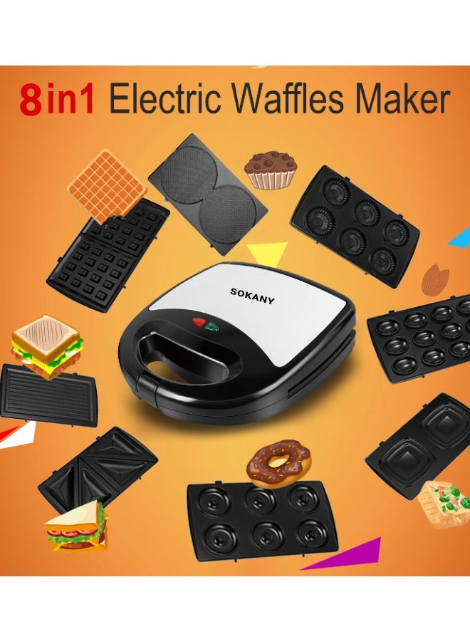 6-In-1 Sandwich Maker with Sandwich-Grill-Waffle-Donut-Nutties+Shell Detachable Plates, Sandwich Heater maker, Grill maker, Snack Machine for Home Kitchen, 2 Slices,750W SK-908 Black/Silver