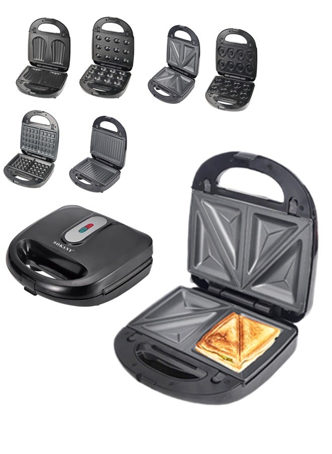 6-In-1 Sandwich Maker with Sandwich-Grill-Waffle-Donut-Nutties+Shell Detachable Plates, Sandwich Heater maker, Grill maker, Snack Machine for Home Kitchen, 2 Slices,750W SK-908 Black/Silver