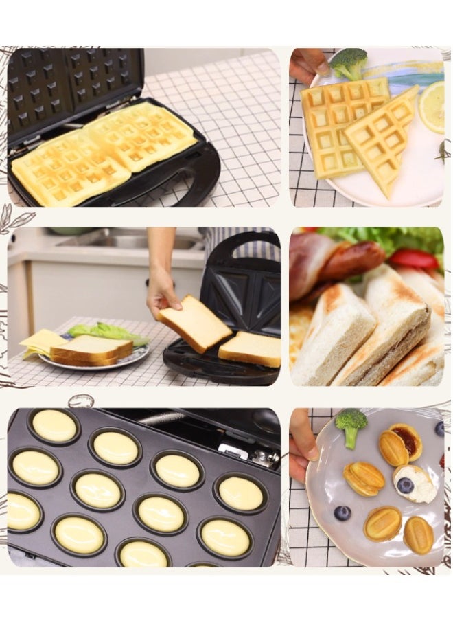 6-In-1 Sandwich Maker with Sandwich-Grill-Waffle-Donut-Nutties+Shell Detachable Plates, Sandwich Heater maker, Grill maker, Snack Machine for Home Kitchen, 2 Slices,750W SK-908 Black/Silver