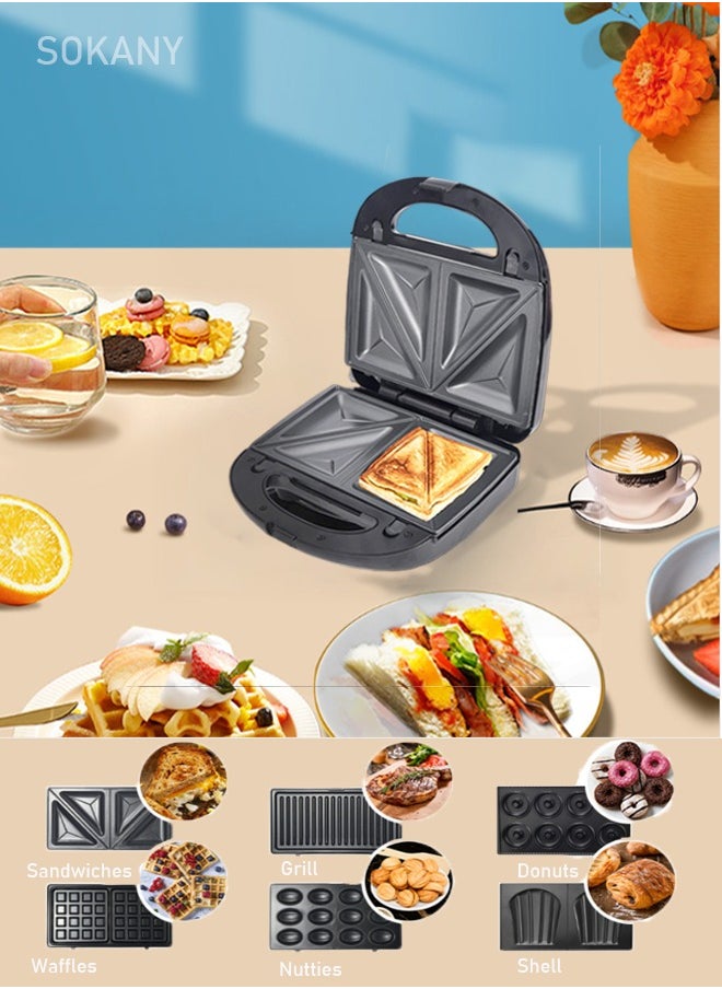 6-In-1 Sandwich Maker with Sandwich-Grill-Waffle-Donut-Nutties+Shell Detachable Plates, Sandwich Heater maker, Grill maker, Snack Machine for Home Kitchen, 2 Slices,750W SK-908 Black/Silver