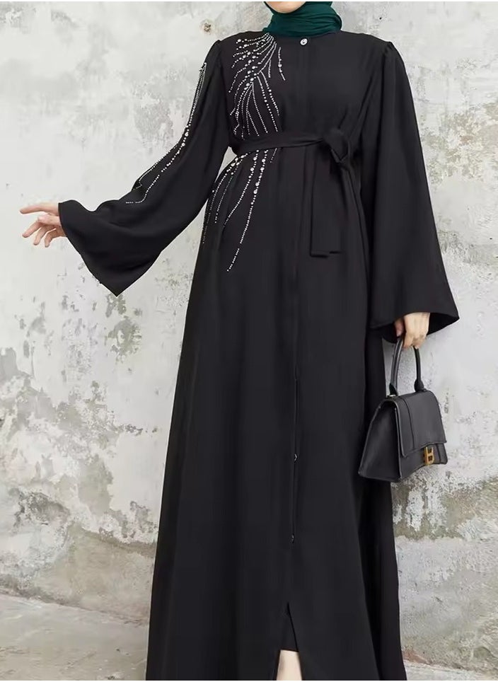 Modern Black Abaya with Silver Stonework