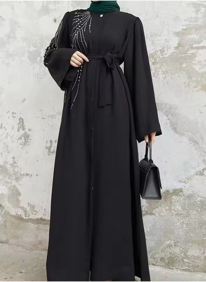 Modern Black Abaya with Silver Stonework