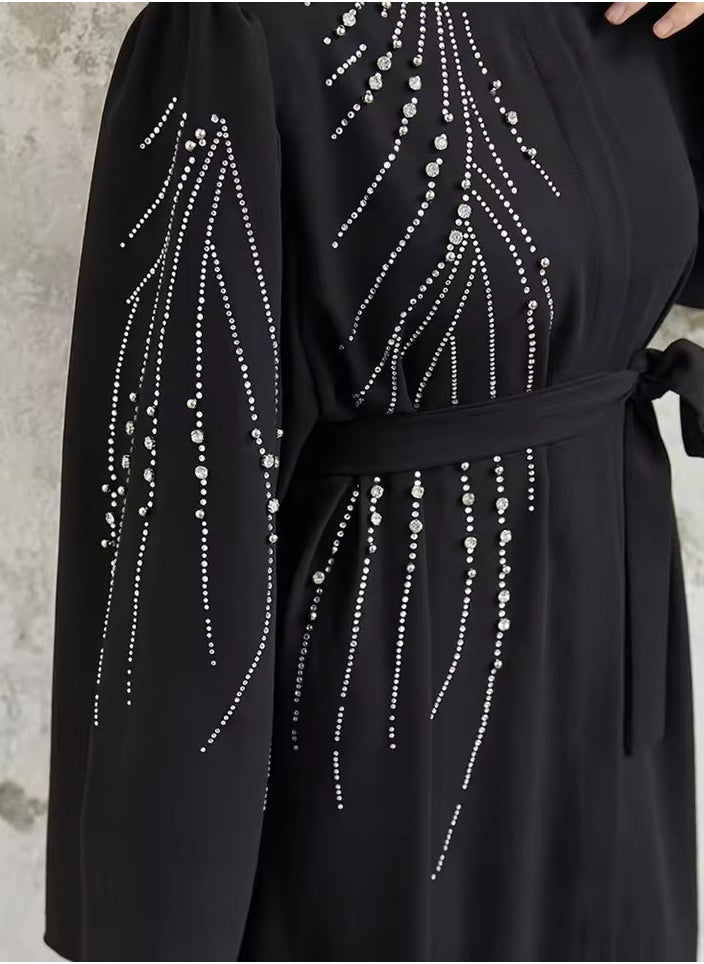 Modern Black Abaya with Silver Stonework