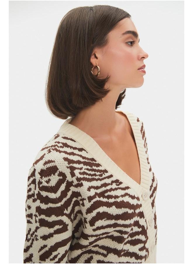 June Women Zebra Patterned V Neck Cardigan Brown