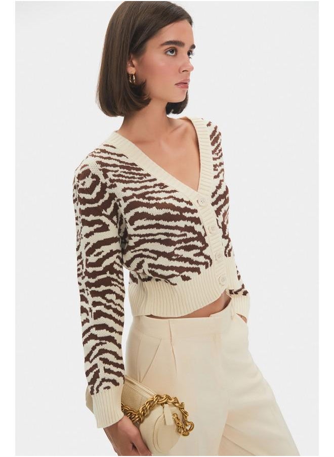 June Women Zebra Patterned V Neck Cardigan Brown