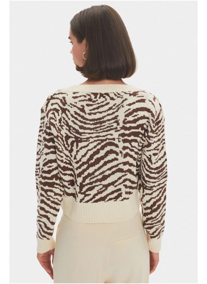 June Women Zebra Patterned V Neck Cardigan Brown