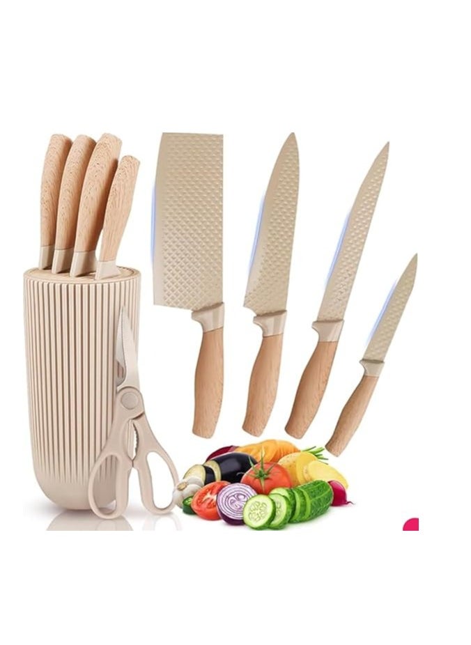 Kitchen Knife Set, 6 Pcs Sharp Knife Set for Kitchen, Anti-Rust Stainless Sharp Knife Set with Universal Knife Block, Knife Set Contains Round Knife Storage, Knives, Scissors for Kitchen