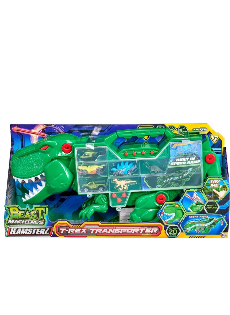 Teamsterz Beast Machines T-Rex Transporter – Dinosaur-Themed Carry Case with 2 Die-Cast Cars, 2 Dinosaurs, 3 Missiles, Light & Sound, Speed Ramp, Ideal for Kids 3+