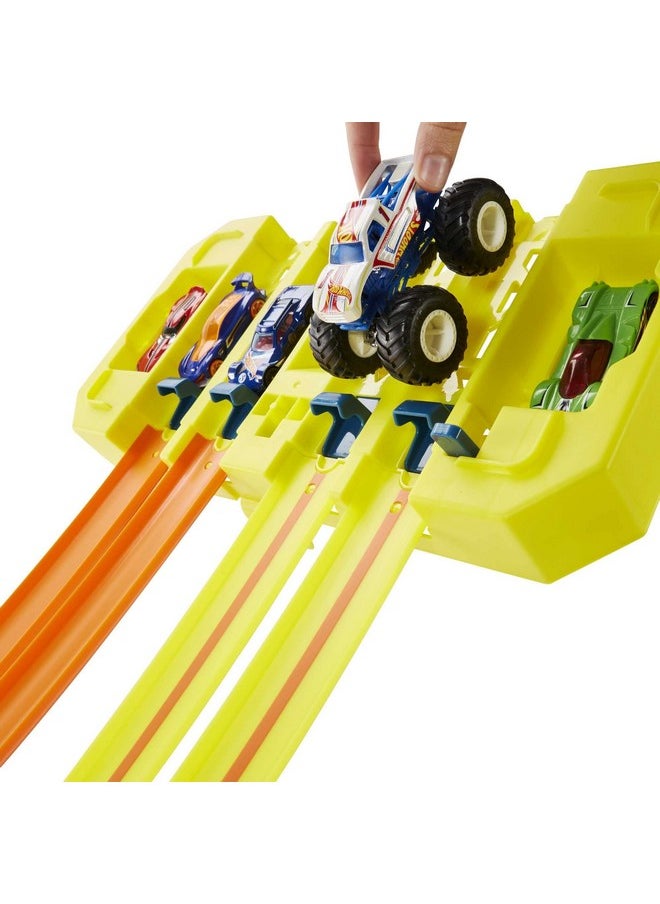 Toy Car Track Builder Playset, Multi-Lane Speed Box, 18 Component Parts With Storage & 2 1:64 Scale Vehicles