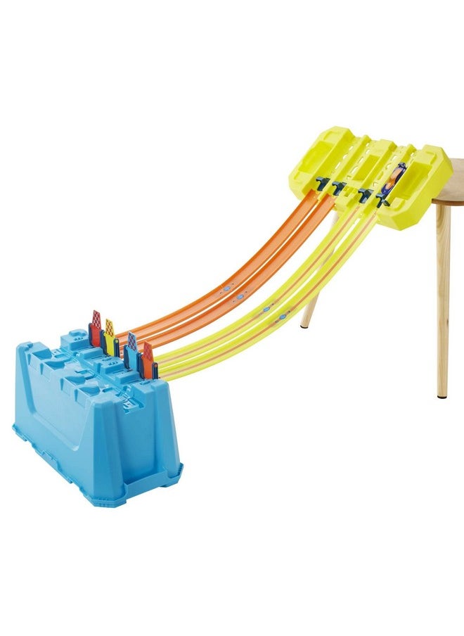 Toy Car Track Builder Playset, Multi-Lane Speed Box, 18 Component Parts With Storage & 2 1:64 Scale Vehicles