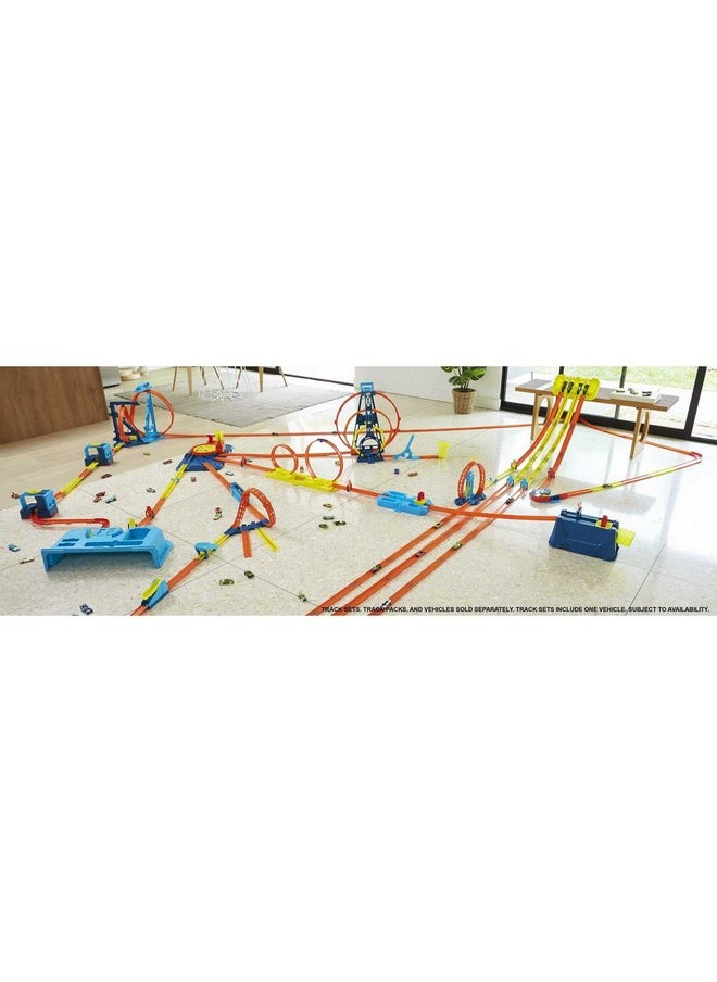 Toy Car Track Builder Playset, Multi-Lane Speed Box, 18 Component Parts With Storage & 2 1:64 Scale Vehicles