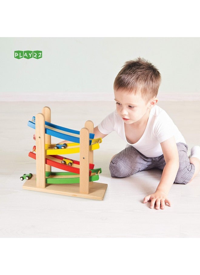 Wooden Car Ramps Race - 4 Level Toy Car Ramp Race Track Includes 4 Wooden Toy Cars - My First Baby Toys - Toddler Race Car Ramp Toy Set Is A Great Gift For Boys And Girls - Original By Play22