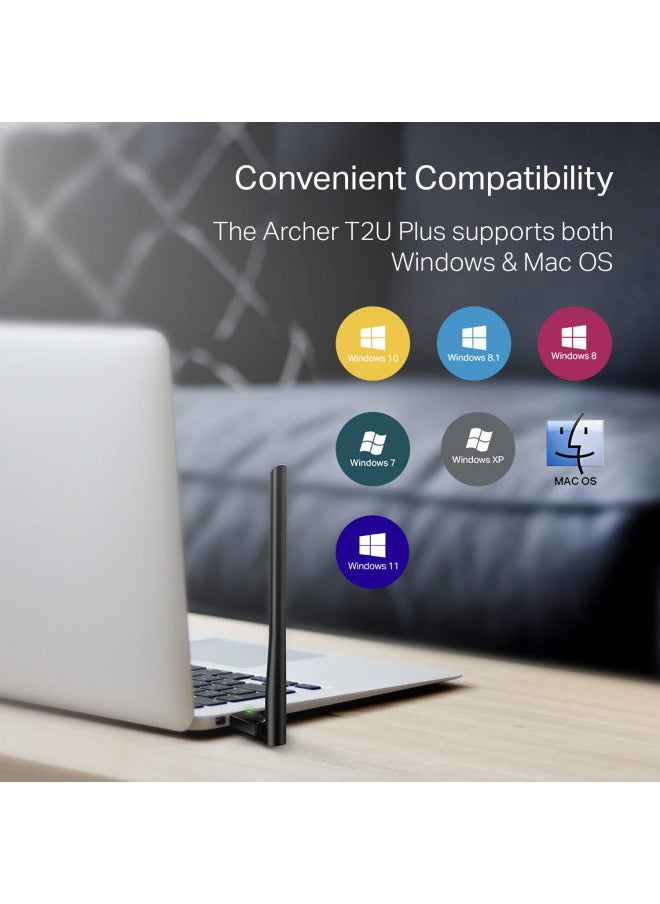 TP-Link AC600 USB WiFi Adapter for PC (Archer T2U Plus)- Wireless Network Adapter for Desktop with 2.4GHz, 5GHz High Gain Dual Band 5dBi Antenna, Supports Win11/10/8.1/8/7/XP, Mac OS 10.9-10.14