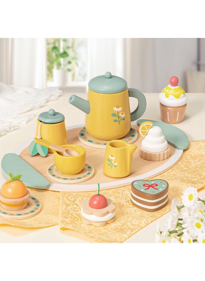 Wooden Tea Party Set For Little Girls Toys Toddler Pretend Food With Tea Tray & Play Kitchen Accessories, Wooden Toys For Toddlers 3 4 5 6 Years Old, Birthday Kids Girls Gifts 3-6