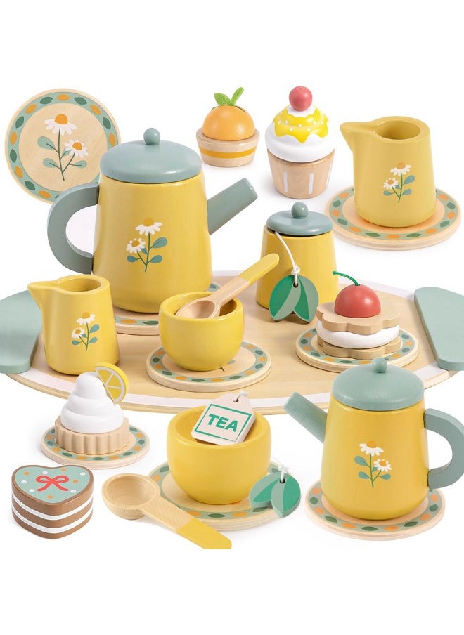 Wooden Tea Party Set For Little Girls Toys Toddler Pretend Food With Tea Tray & Play Kitchen Accessories, Wooden Toys For Toddlers 3 4 5 6 Years Old, Birthday Kids Girls Gifts 3-6