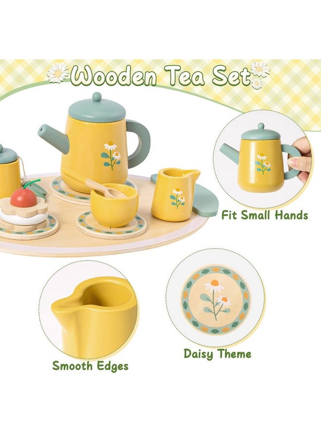 Wooden Tea Party Set For Little Girls Toys Toddler Pretend Food With Tea Tray & Play Kitchen Accessories, Wooden Toys For Toddlers 3 4 5 6 Years Old, Birthday Kids Girls Gifts 3-6