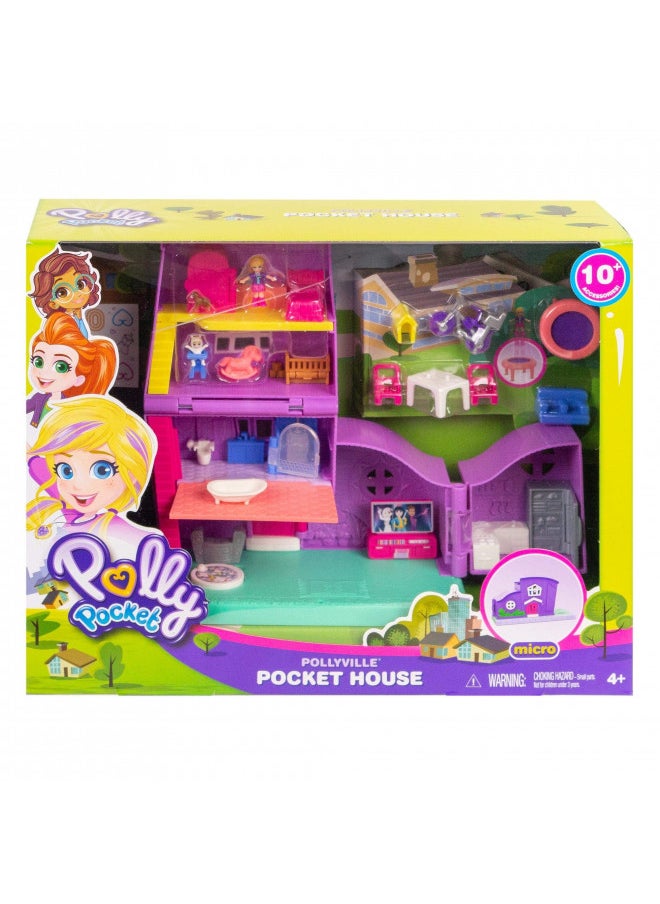 Polly Pocket Doll House with Micro Doll, Toy Bike & Furniture Accessories, Transforming Pollyville Pocket House Playset