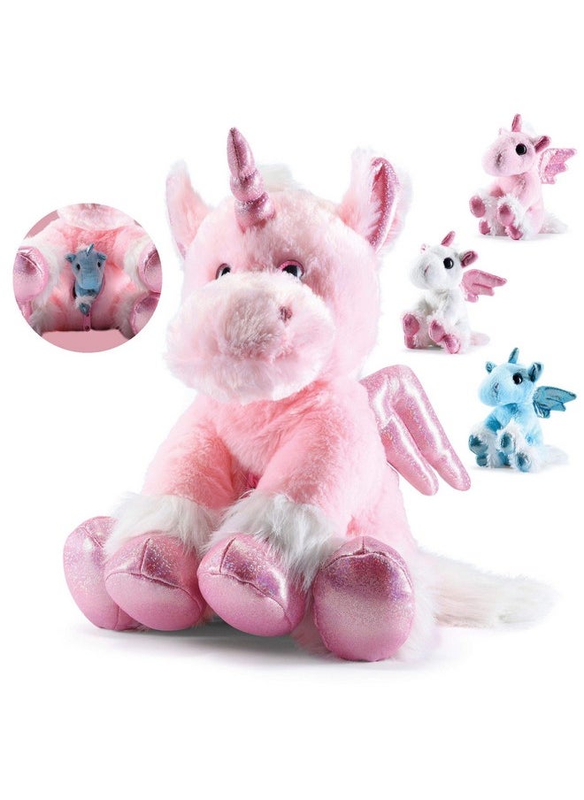 Plush Unicorn With Zippered Pouch For Its 3 Little Plush Baby Unicorns - Plushlings Collection Soft Stuffed Animal Playset