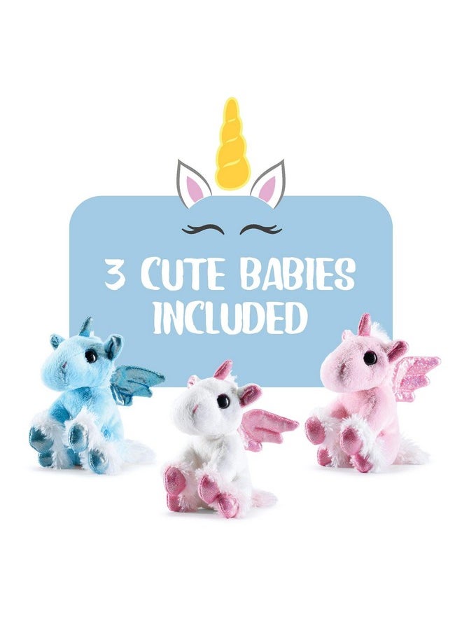 Plush Unicorn With Zippered Pouch For Its 3 Little Plush Baby Unicorns - Plushlings Collection Soft Stuffed Animal Playset
