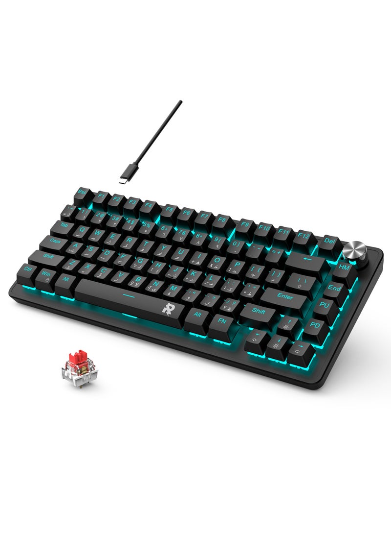 75% Gaming Keyboard Arabic English 82 Keys Mechanical Keyboard with Ice Blue Backlit 19 Modes Hot Swap Wired Mini Keyboard PBT Keycaps for PC Gaming and Working (Red Switch)