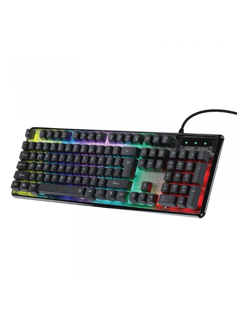 Gaming Lucid Keyboard with 15 Rainbow Breath Lighting Modes, English & Arabic Layout, Quick-Response,19 Anti-Ghosting Keys, 104 Keys, 1.5m USB Cable Length