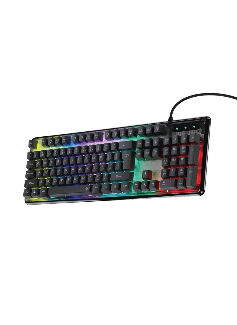 Gaming Lucid Keyboard with 15 Rainbow Breath Lighting Modes, English & Arabic Layout, Quick-Response,19 Anti-Ghosting Keys, 104 Keys, 1.5m USB Cable Length