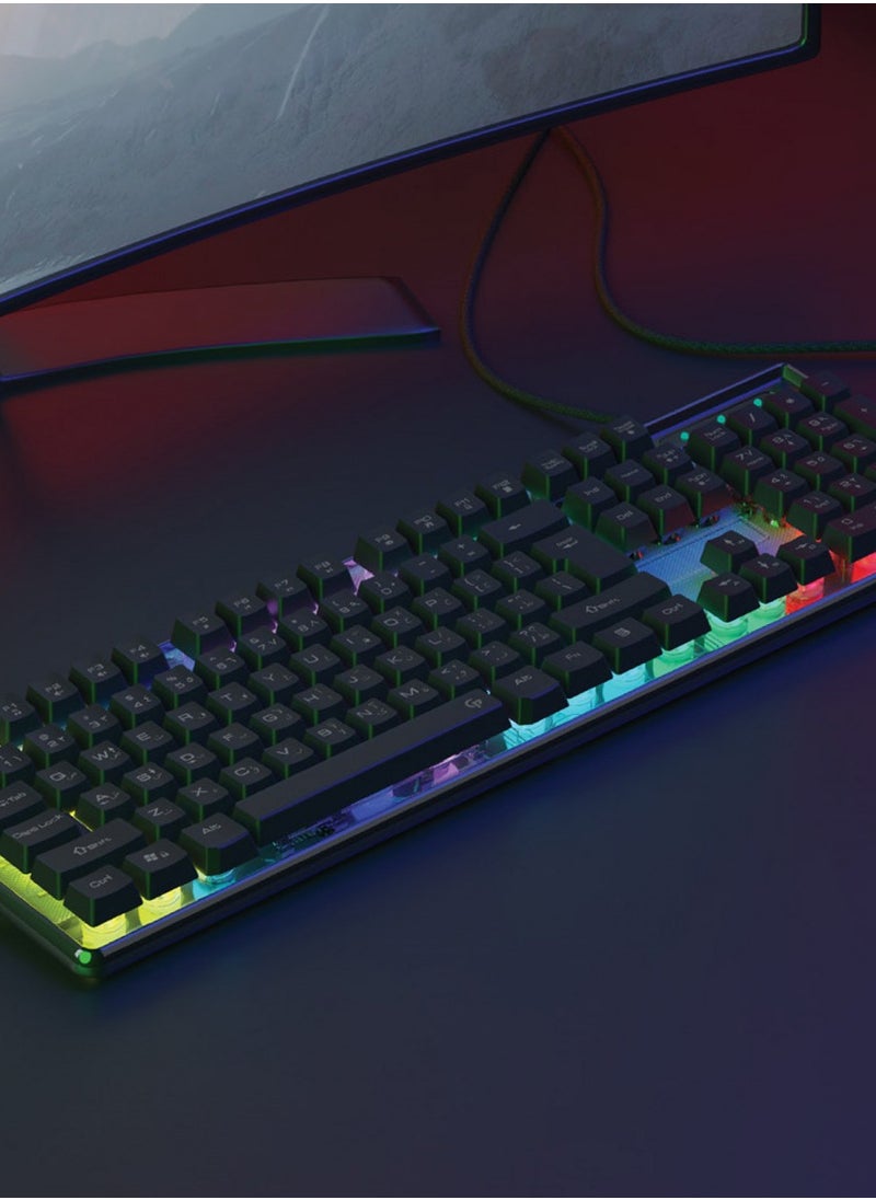 Gaming Lucid Keyboard with 15 Rainbow Breath Lighting Modes, English & Arabic Layout, Quick-Response,19 Anti-Ghosting Keys, 104 Keys, 1.5m USB Cable Length