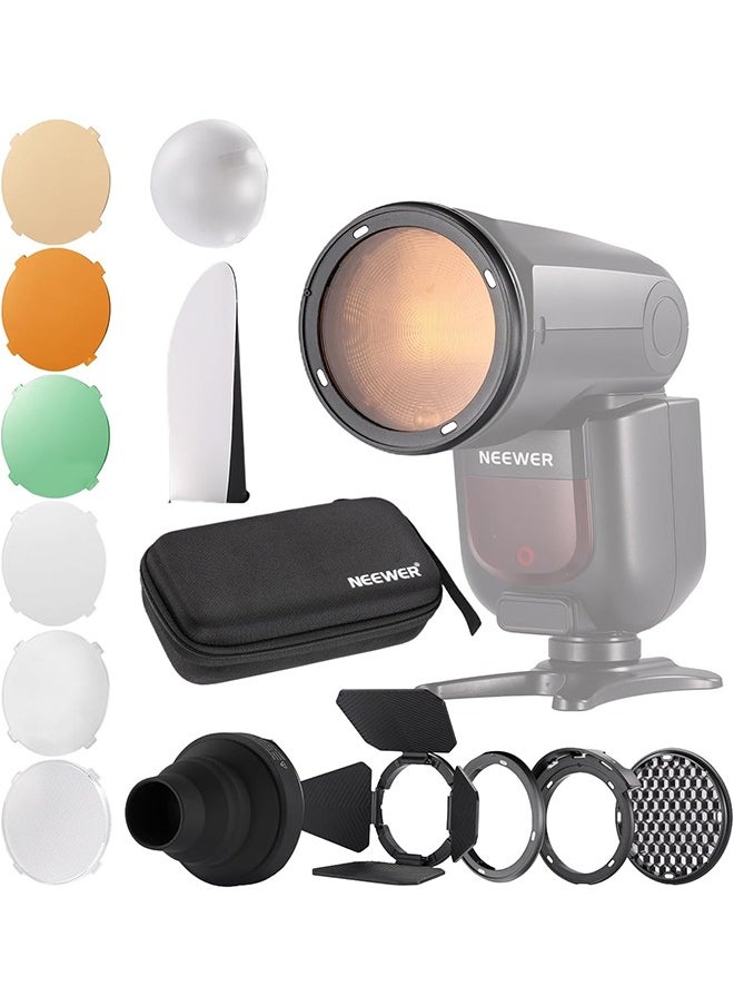 NEEWER CRM2 Magnetic Accessories Kit for Round Head Flash Z1-C Z1-N Z1-S Z2-C Z2-N Z2-S Compatible with Godox V1 Speedlites, Included 14pcs Flash Light Control Modifier Diffuser Adapter