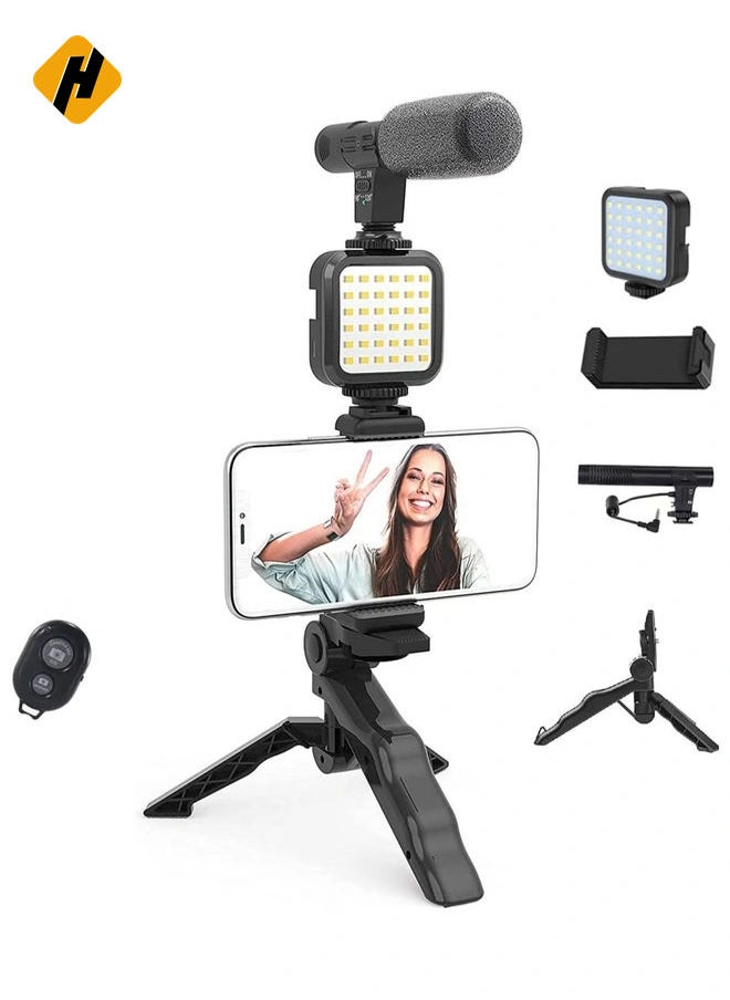 Vlogging Live Streaming Kit With Microphone Tripod Black