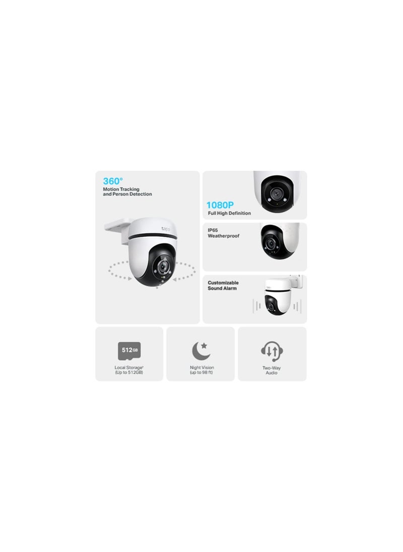 Tapo TP-Link 1080p Full HD Outdoor Pan/Tilt Security Wi-Fi Camera, 360° Motion Detection, IP65 Weatherproof, Night Vision, Cloud &SD Card Storage, Works with Alexa&Google Home ( C500) White