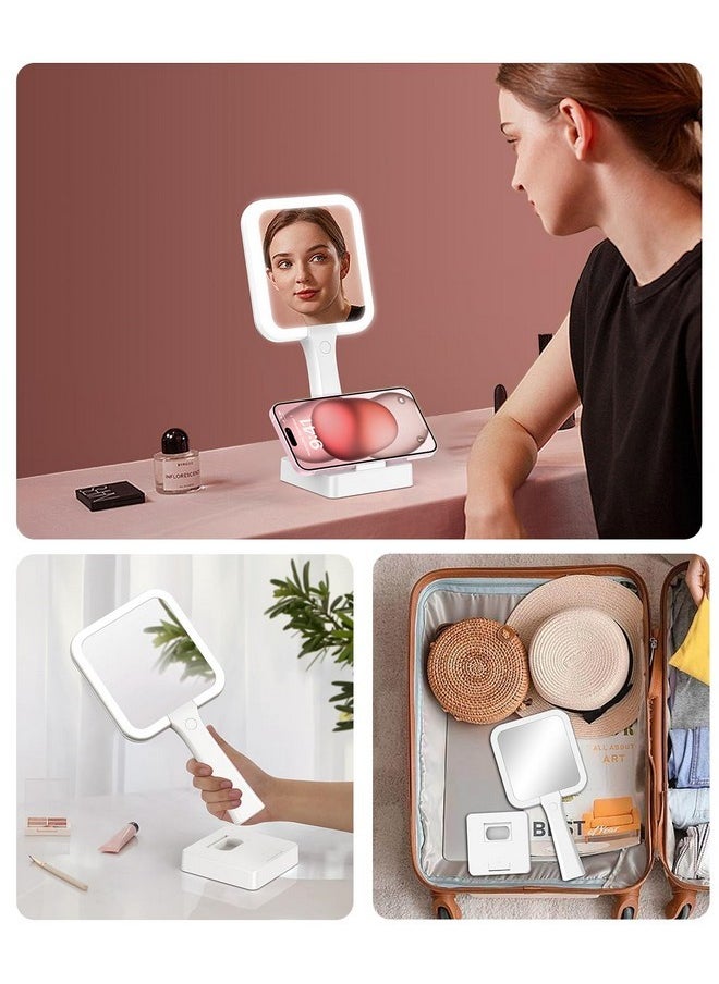 Lighted Handheld & Tabletop Mirror With 3 Color Dimmable Lights, 5X Magnification & Phone Holder Base, Rechargeable Double Sided Magnifying Travel Makeup Mirror White