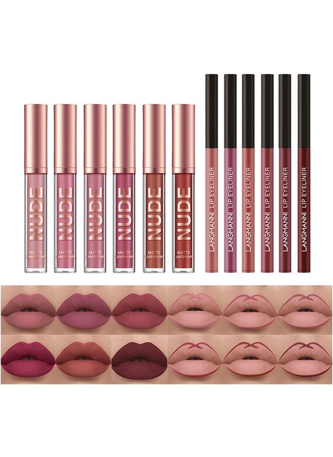 12Pcs Matte Liquid Lipstick + Lip Liner Pens Set, One Step Lips Makeup Kits Pigment Velvety Nude Lip Stain Waterproof Long Wear Lip Gloss Make Up Gift Set (Set A)