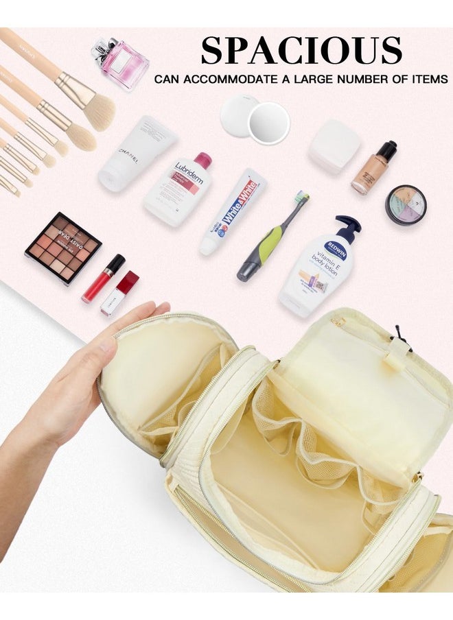 Travel Essentials Toiletry Cosmetic Makeup Bag - Hanging Multifunctional Make Up Organizador,Water Resistant Accessories For Women,Portable Lightweight Toiletries Kits,Large Capacity,Beige