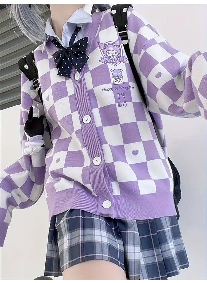 Kawaii Sweater Anime Plaid Cardigan Sweaters Cardigan for Women Cosplay Costume V Neck Long Sleeve(Free size)