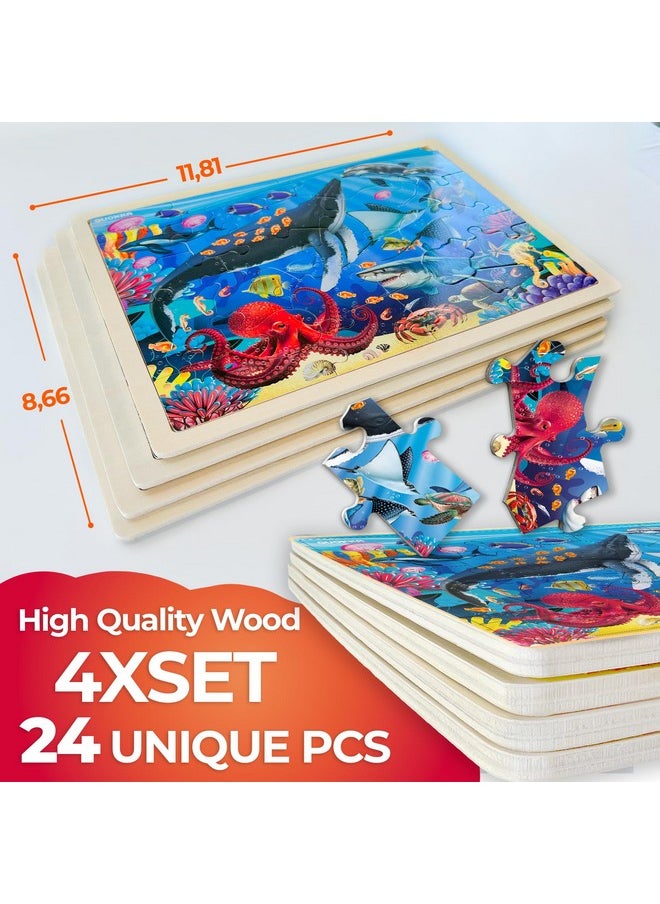 4Set Puzzles For Kids Ages 4-6 - 24 Pcs Wooden Toddler Realistic Montessori Puzzles Ages 3-5 - Wild Animals Africa Ocean Farm Learning Games For Boys And Girls 4-8 Year Olds