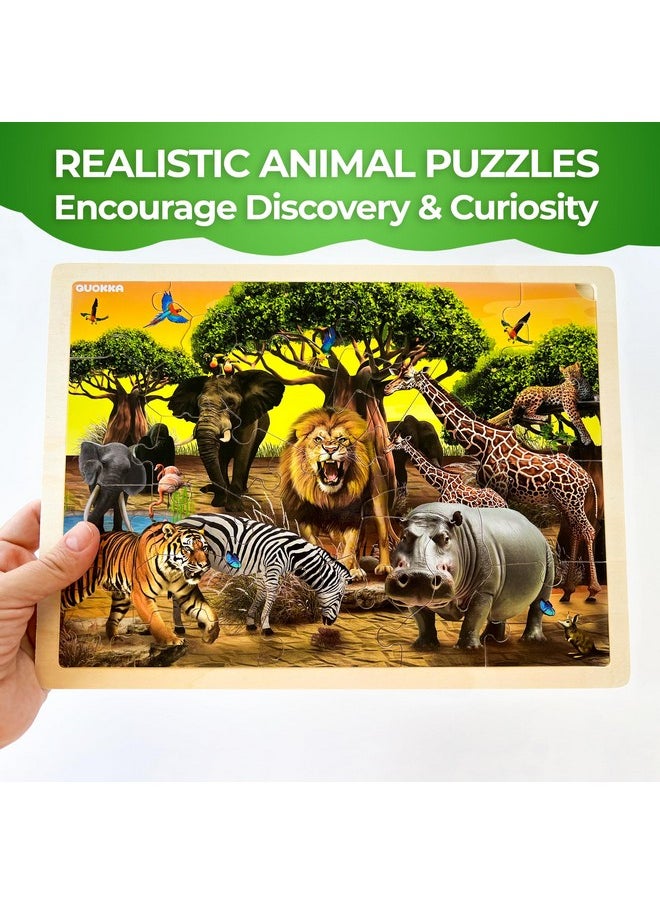 4Set Puzzles For Kids Ages 4-6 - 24 Pcs Wooden Toddler Realistic Montessori Puzzles Ages 3-5 - Wild Animals Africa Ocean Farm Learning Games For Boys And Girls 4-8 Year Olds