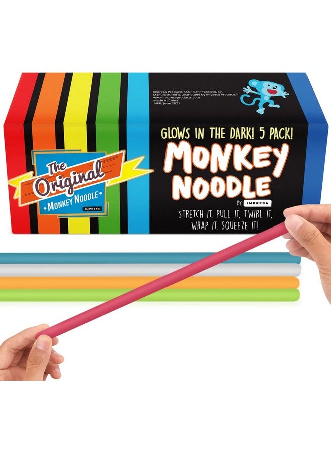 5-Pack Glow In The Dark Original Monkey Noodle Stretchy String Fidget / Sensory Toys (Bpa/Phthalate/Latex-Free) - Stretches From 10 Inches To 8 Feet!