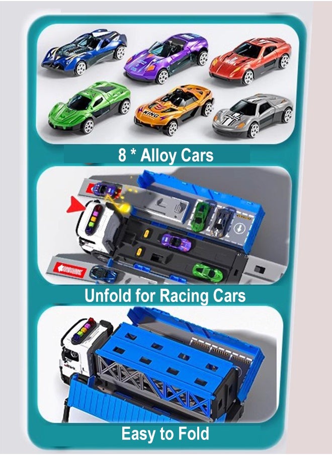 Race Car Track Toy Truck Toy with Slots & Foldable Race Tracks Transport Car Carrier Toy for Toddlers Cars Toy Set Container Truck Toy battery inside with 8 Alloy Cars Vehicles Toy Set for 3+ Kids Boys Girls