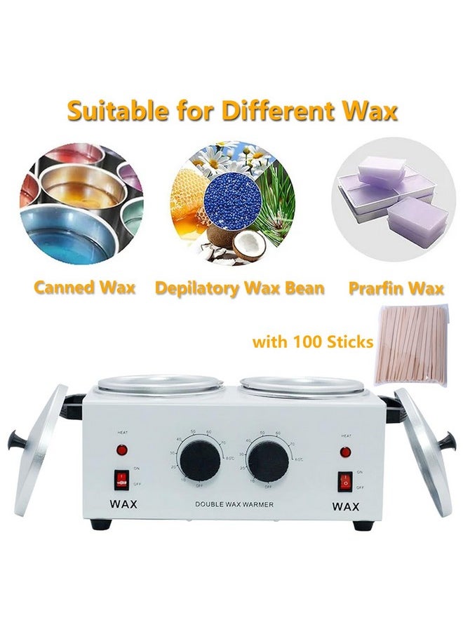 Wax Warmer Double Pot, Professional Electric Heater For Facial, Body, Spa, And Salon, 1.2L Dual Adjustable Temperature With 100 Wooden Craft Sticks, Hair Removal