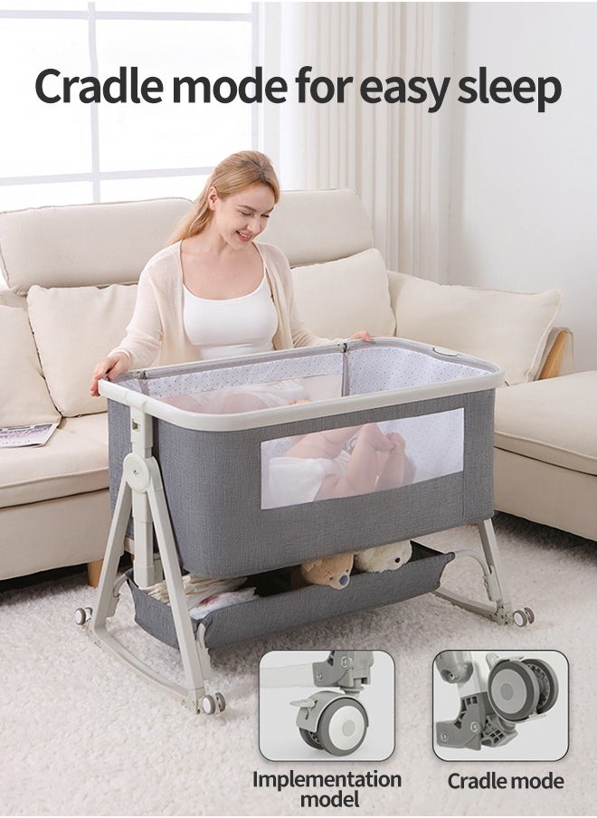 4 In 1 Baby Bedside Crib Foldable Newborn Bedside Sleeper Infant Bassinet Bed With Large Storage Basket Infant Travel Crib with Swivel Wheels and Mosquito Net