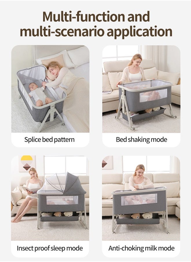 4 In 1 Baby Bedside Crib Foldable Newborn Bedside Sleeper Infant Bassinet Bed With Large Storage Basket Infant Travel Crib with Swivel Wheels and Mosquito Net