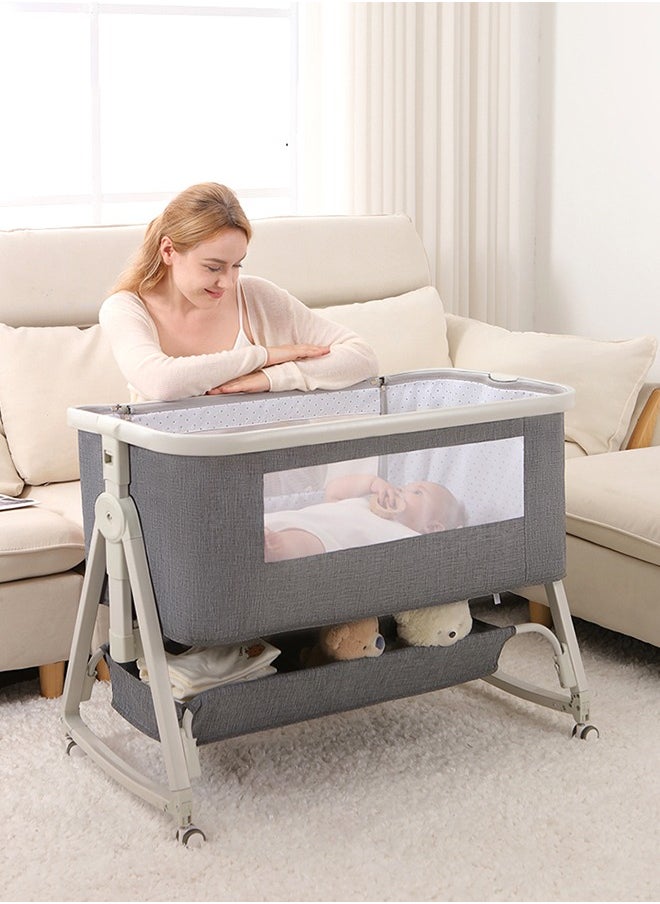 4 In 1 Baby Bedside Crib Foldable Newborn Bedside Sleeper Infant Bassinet Bed With Large Storage Basket Infant Travel Crib with Swivel Wheels and Mosquito Net