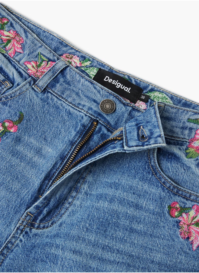 Long Denim Pants With Flowers