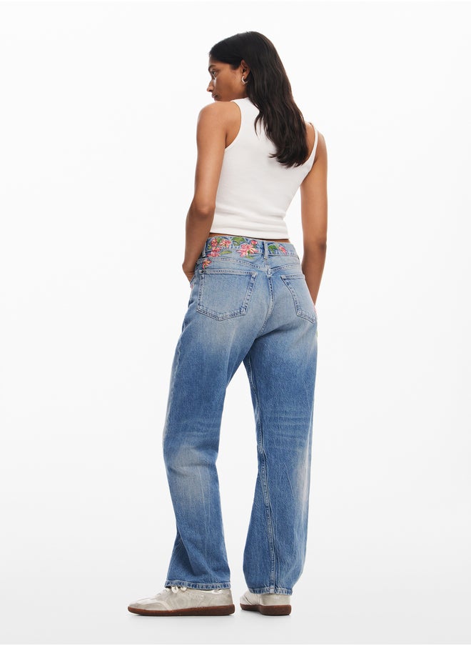 Long Denim Pants With Flowers