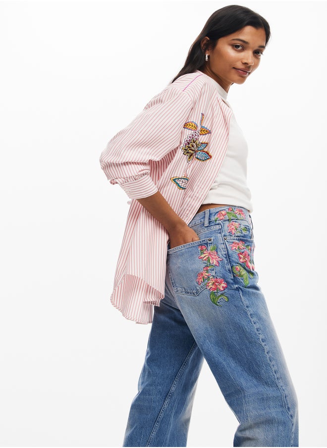 Long Denim Pants With Flowers
