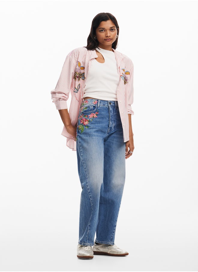 Long Denim Pants With Flowers