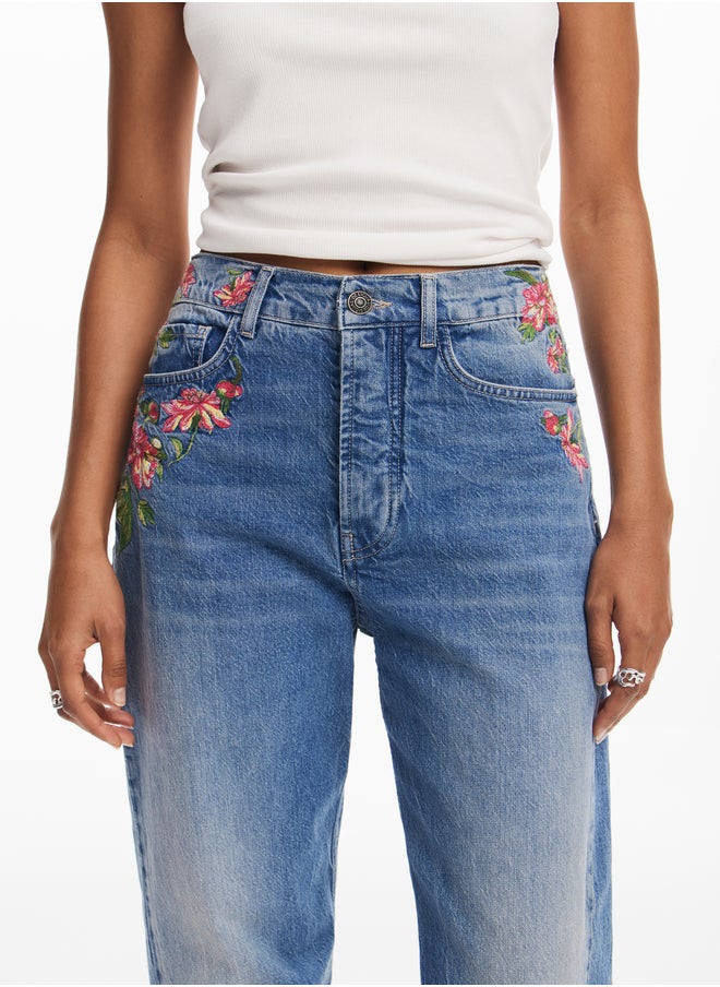 Long Denim Pants With Flowers